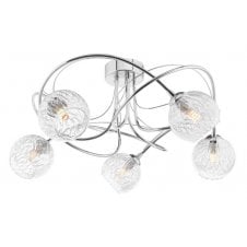 5 Light Semi Flush Ceiling Fixture In Chrome With GL9 Inner Wire Glass Globe Shade