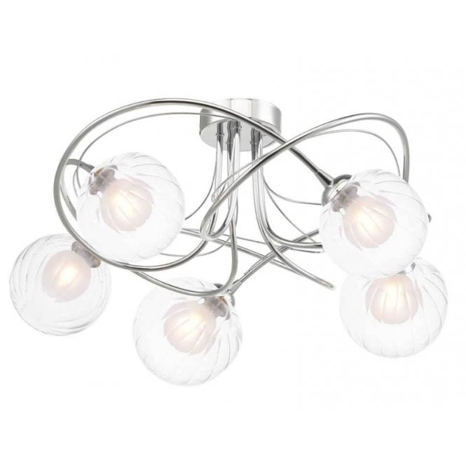 Onawa 5 Light Semi-Flush Ceiling Light in Chrome with Opal & Clear Ribbed Glass Shades