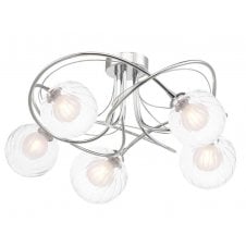 5 Light Semi Flush Ceiling Fixture In Chrome With GL20 Opal & Clear Ribbed Glass Shade