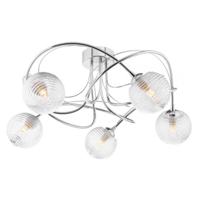 Onawa 5 Light Semi-Flush Ceiling Light in Chrome with Ribbed Glass Shades
