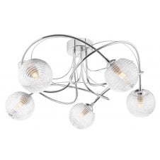 5 Light Semi Flush Ceiling Fixture In Chrome With GL8 Ribbed Glass Globe Shade
