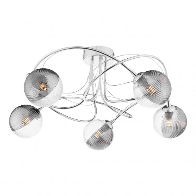 Onawa 5 Light Semi-Flush Ceiling Light in Chrome with Smoked / Clear Ribbed Glass Shades