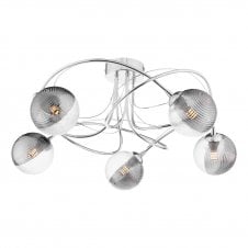 5 Light Semi Flush Ceiling Fixture In Chrome With GL18 Smoked & Clear Ribbed Glass