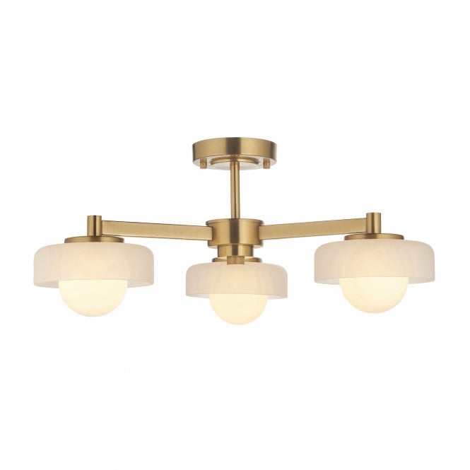 Opaline Brushed Brass 3 Light Semi Flush Ceiling Light