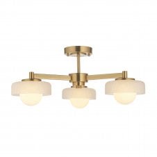 modern three arm semi flush ceiling light in brass with opal glass shades