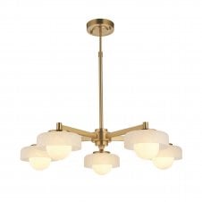 modern, height adjustable ceiling light in brushed brass with opal glass shades