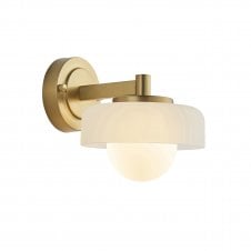 mid century inspired brushed brass and opal glass wall light