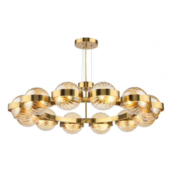 Ophira 12 Light Chandelier - Antique Gold and Amber Ribbed Glass Shades