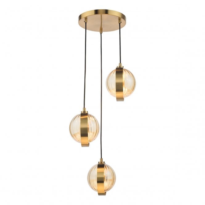 Ophira 3 Light Cluster Pendant - Antique Gold with Amber Ribbed Glass Shades