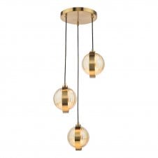a modern pendant ceiling cluster light with amber glass shades and black braid