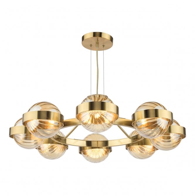 Ophira 8 Light Chandelier - Antique Gold and Amber Ribbed Glass Shades