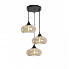 OPT 3 Light Ceiling Pendant Cluster in Black with Amber Glass Convex Shades