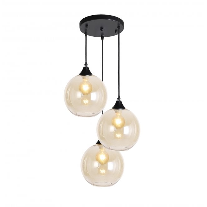 OPT 3 Light Ceiling Pendant Cluster in Black with Amber Glass Globe Shades