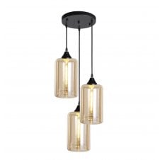 Black 3 Light Cluster with narrow Cylinder Amber Glass Shades