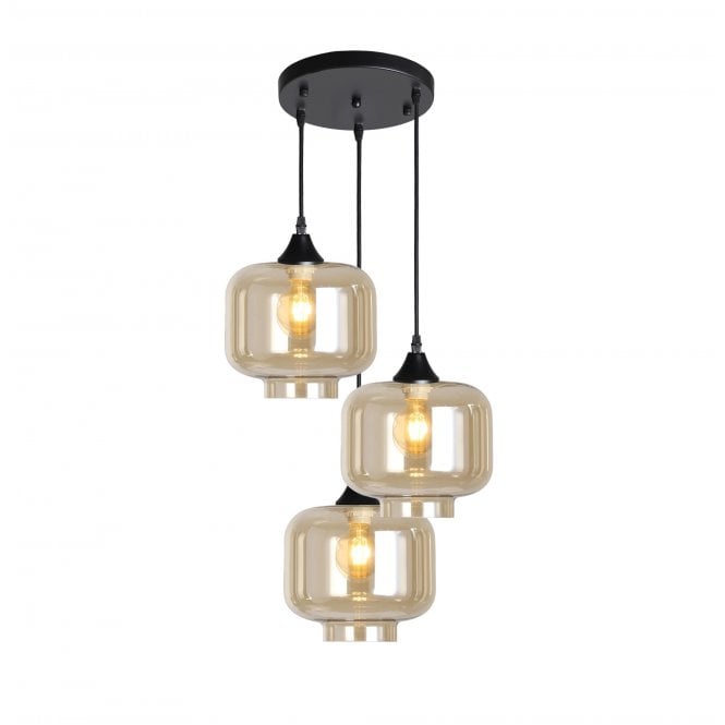 OPT 3 Light Ceiling Pendant Cluster in Black with Amber Glass Short Cylinder Shades