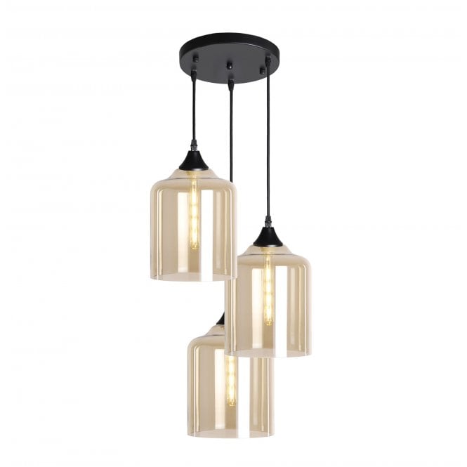 OPT 3 Light Ceiling Pendant Cluster in Black with Amber Glass Wide Cylinder Shades
