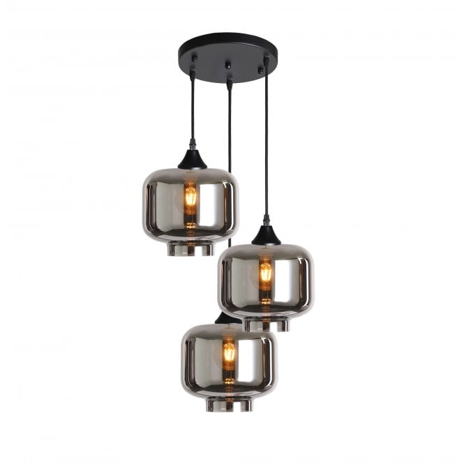 OPT 3 Light Ceiling Pendant Cluster in Black with Silver Glass Short Cylinder Shades