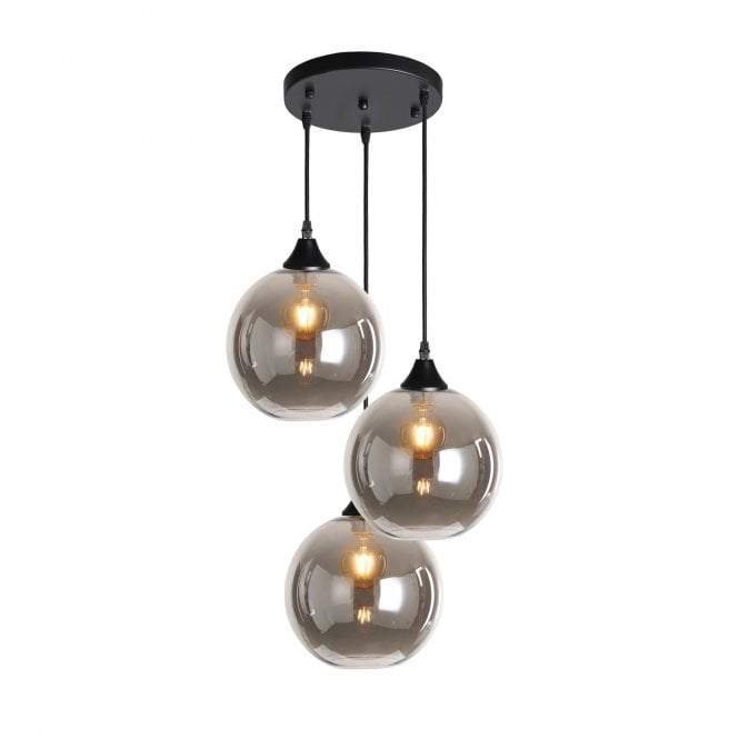 OPT 3 Light Ceiling Pendant Cluster in Black with Smoked Glass Globe Shades