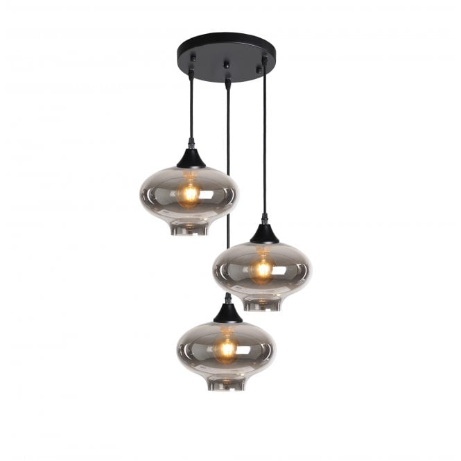 OPT 3 Light Ceiling Pendant Cluster in Black with Smoked Glass Mushroom Shades