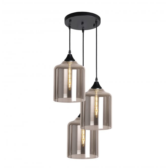 OPT 3 Light Ceiling Pendant Cluster in Black with Smoked Glass Wide Cylinder Shades