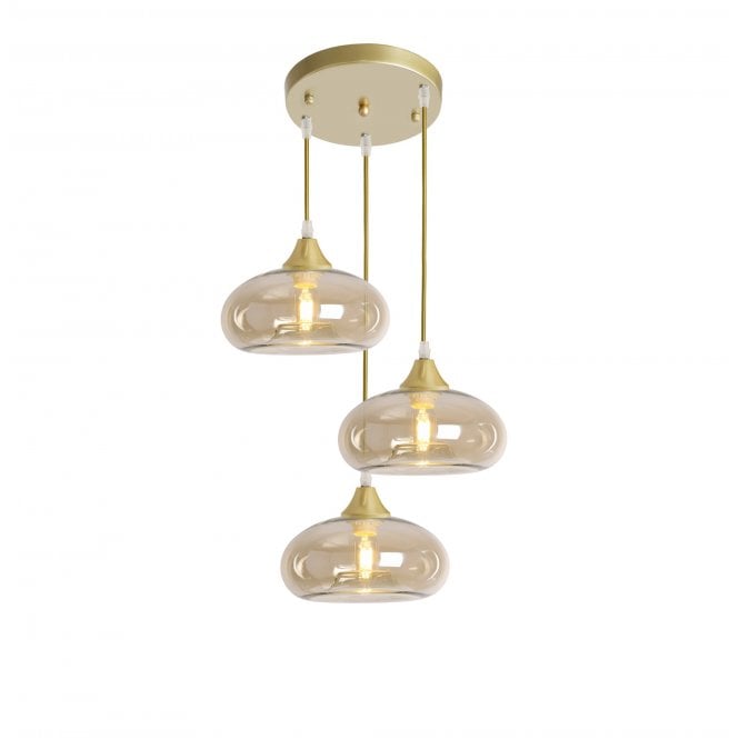 OPT 3 Light Ceiling Pendant Cluster in Gold with Amber Glass Convex Shades