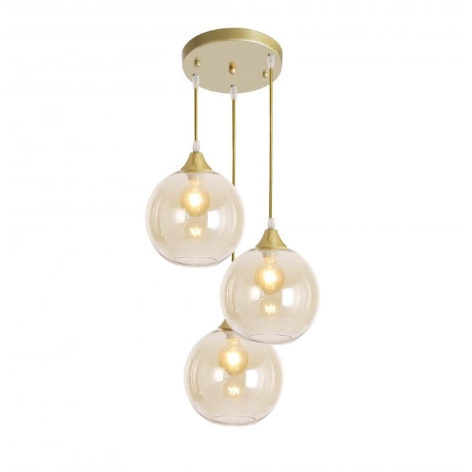 OPT 3 Light Ceiling Pendant Cluster in Gold with Amber Glass Globe Shades