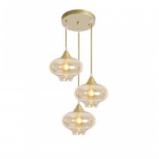 OPT 3 Light Ceiling Pendant Cluster in Gold with Amber Glass Mushroom Shades