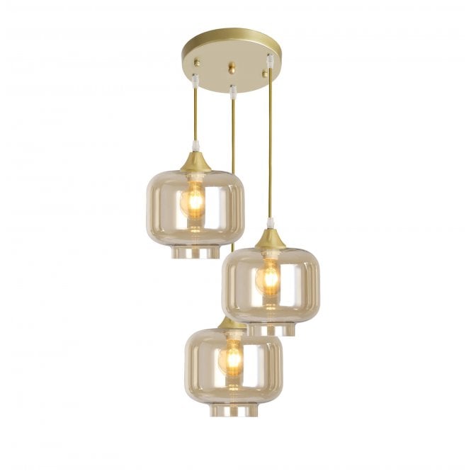OPT 3 Light Ceiling Pendant Cluster in Gold with Amber Glass Short Cylinder Shades