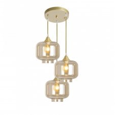 OPT 3 Light Ceiling Pendant Cluster in Gold with Amber Glass Short Cylinder Shades