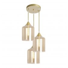 Gold 3 Light Cluster with Wide Cylinder Amber Glass Shades
