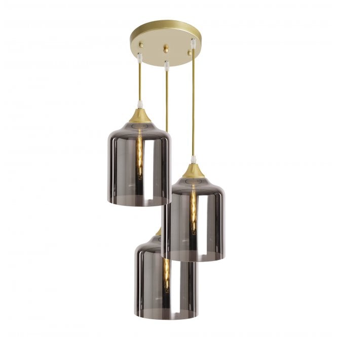 OPT 3 Light Ceiling Pendant Cluster in Gold with Silver Glass Wide Cylinder Shades