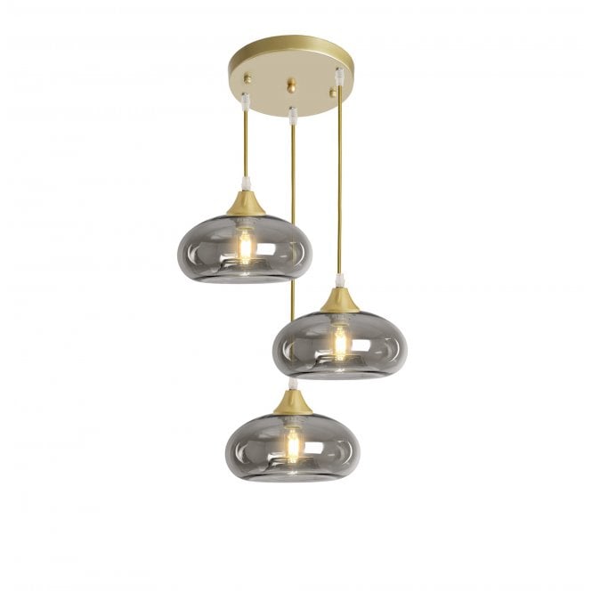 OPT 3 Light Ceiling Pendant Cluster in Gold with Smoked Glass Convex Shades
