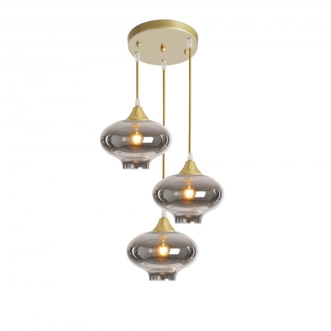 OPT 3 Light Ceiling Pendant Cluster in Gold with Smoked Glass Mushroom Shades