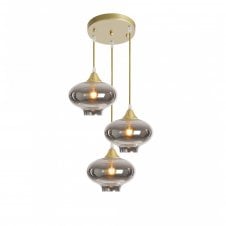 OPT 3 Light Ceiling Pendant Cluster in Gold with Smoked Glass Mushroom Shades