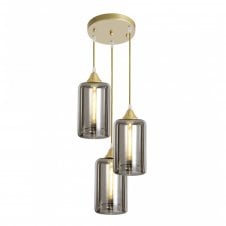 OPT 3 Light Ceiling Pendant Cluster in Gold with Smoked Glass Narrow Cylinder Shades
