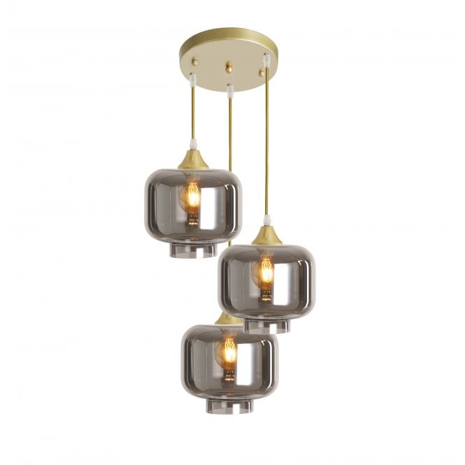 OPT 3 Light Ceiling Pendant Cluster in Gold with Smoked Glass Short Cylinder Shades