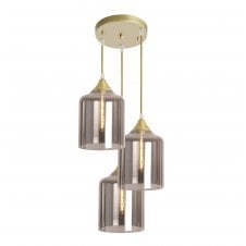 Gold 3 Light Cluster with Wide Cylinder Smoked Glass Shades