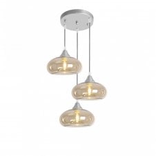 OPT 3 Light Ceiling Pendant Cluster in Silver with Amber Glass Convex Shades