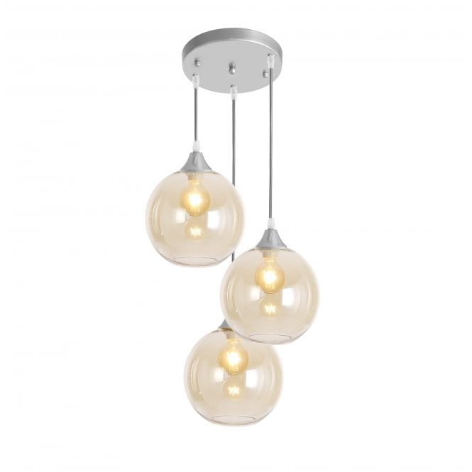 OPT 3 Light Ceiling Pendant Cluster in Silver with Amber Glass Globe Shades