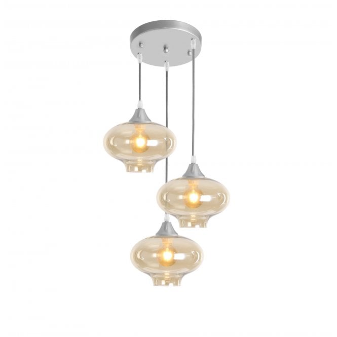 OPT 3 Light Ceiling Pendant Cluster in Silver with Amber Glass Mushroom Shades
