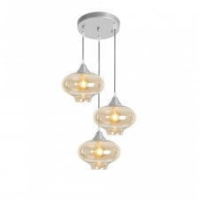 OPT 3 Light Ceiling Pendant Cluster in Silver with Amber Glass Mushroom Shades