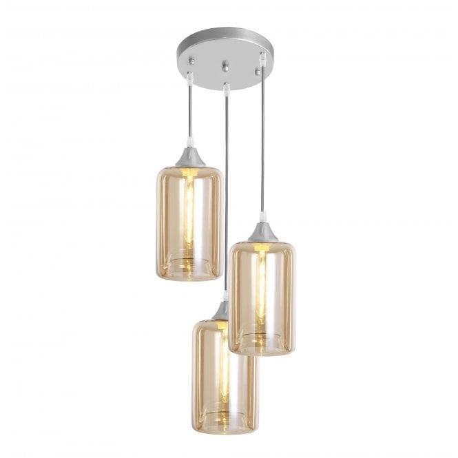 OPT 3 Light Ceiling Pendant Cluster in Silver with Amber Glass Narrow Cylinder Shades