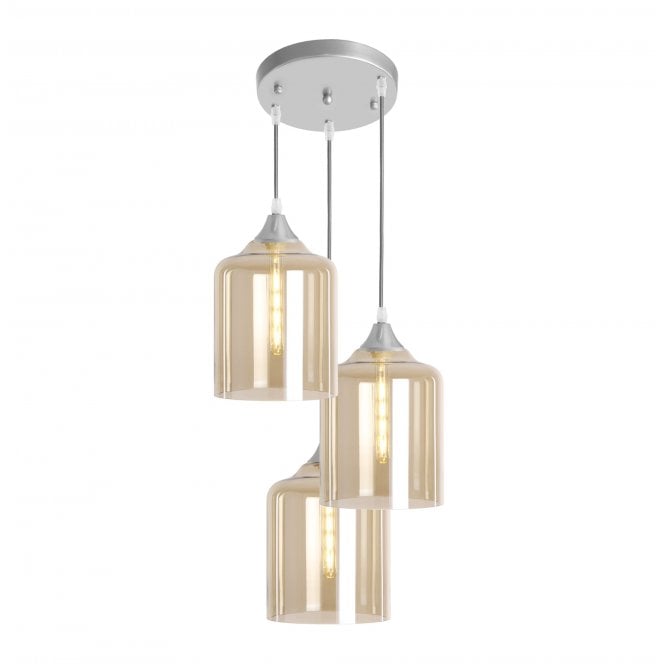 OPT 3 Light Ceiling Pendant Cluster in Silver with Amber Glass Wide Cylinder Shades