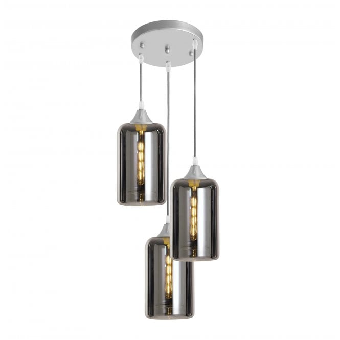 OPT 3 Light Ceiling Pendant Cluster in Silver with Silver Glass Narrow Cylinder Shades