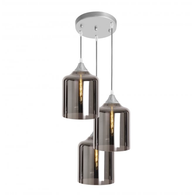 OPT 3 Light Ceiling Pendant Cluster in Silver with Silver Glass Wide Cylinder Shades
