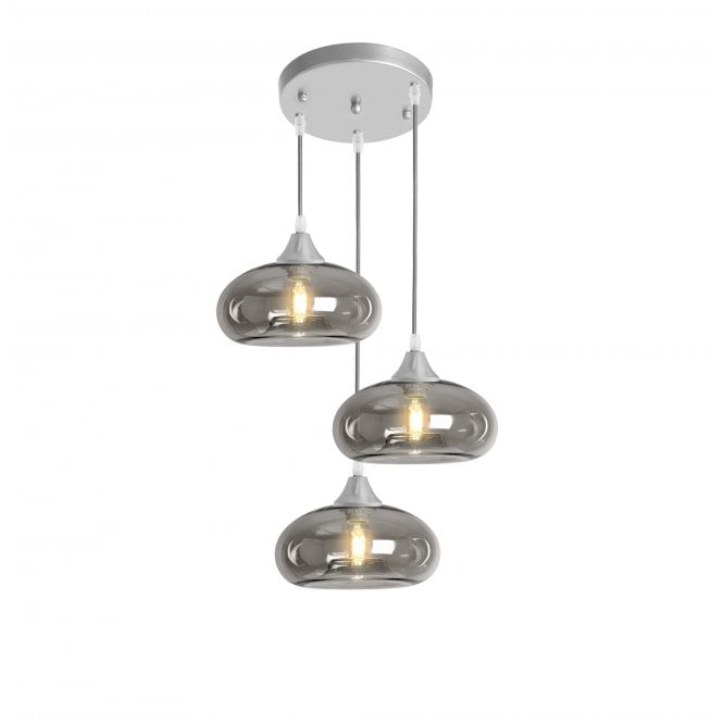 OPT 3 Light Ceiling Pendant Cluster in Silver with Smoked Glass Convex Shades