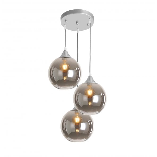 OPT 3 Light Ceiling Pendant Cluster in Silver with Smoked Glass Globe Shades