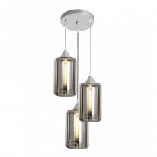 OPT 3 Light Ceiling Pendant Cluster in Silver with Smoked Glass Narrow Cylinder Shades