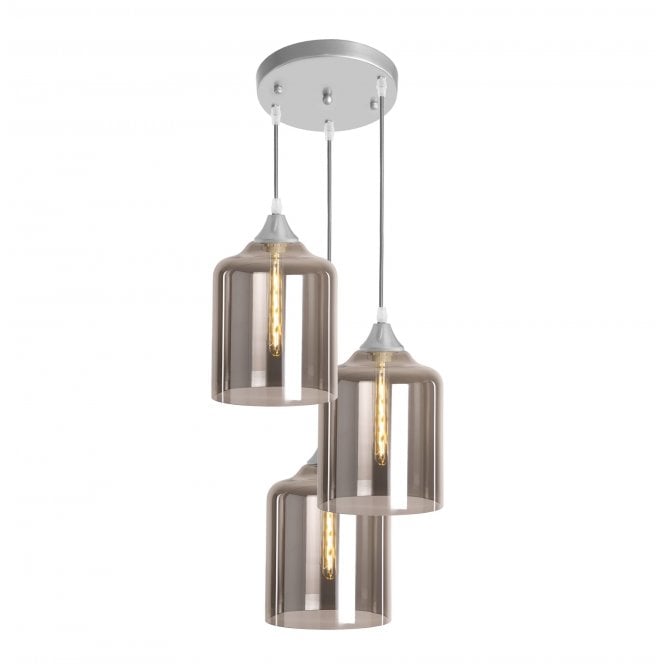 OPT 3 Light Ceiling Pendant Cluster in Silver with Smoked Glass Wide Cylinder Shades