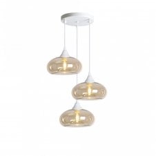 OPT 3 Light Ceiling Pendant Cluster in White with Amber Glass Convex Shades